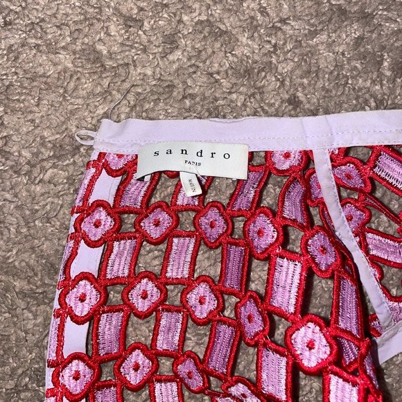 SANDRO PARIS "Yonna" Geometric Openwork Lace Rouge Top - Picture 7 of 8